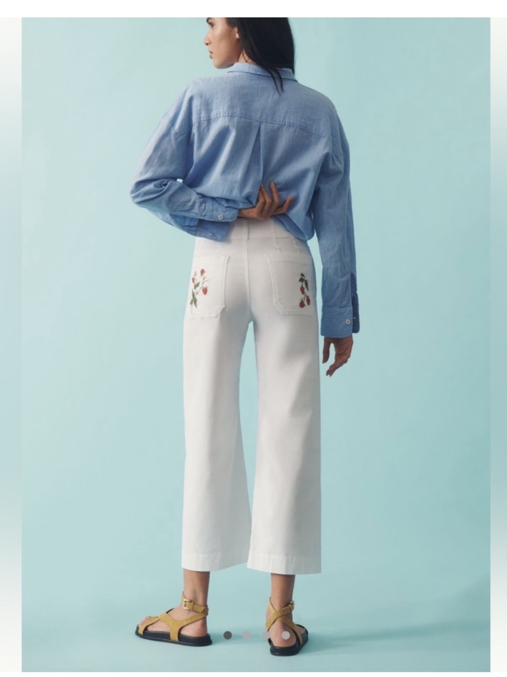 Maeve White Cropped Wide-Leg Embroidered strawberry Pocket Pants